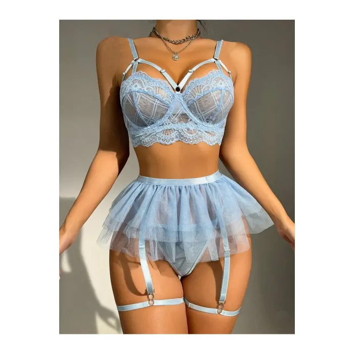 LYYN Bebe Mavi Bel Tüllü Kadın Seksi Fantezi Jartiyer Takım 2059