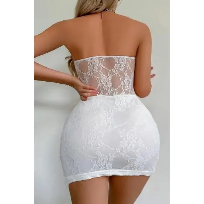 LYYN Beyaz Dantel İşlemeli Göğüs Dekolteli Seksi 5081