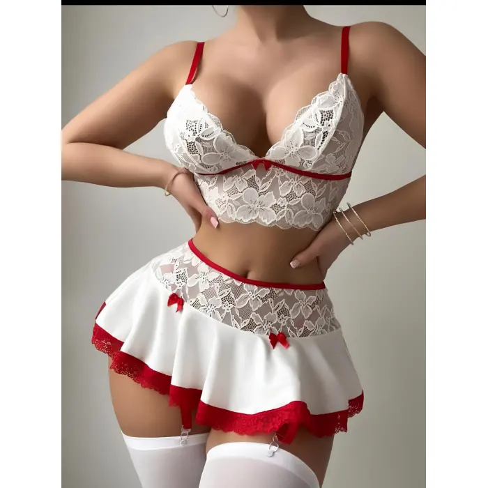 LYYN Beyaz Etekli Kırmızı Dantelli Fantezi Kostüm 2058