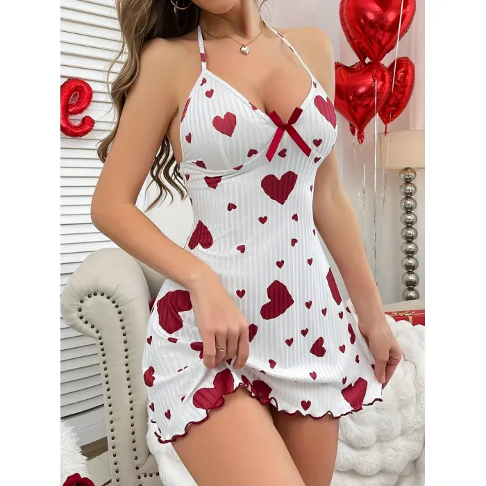LYYN Beyaz Mini Gecelik – Askılı, Kırmızı Kalpli, Diz Üstü Kadın İç Giyim