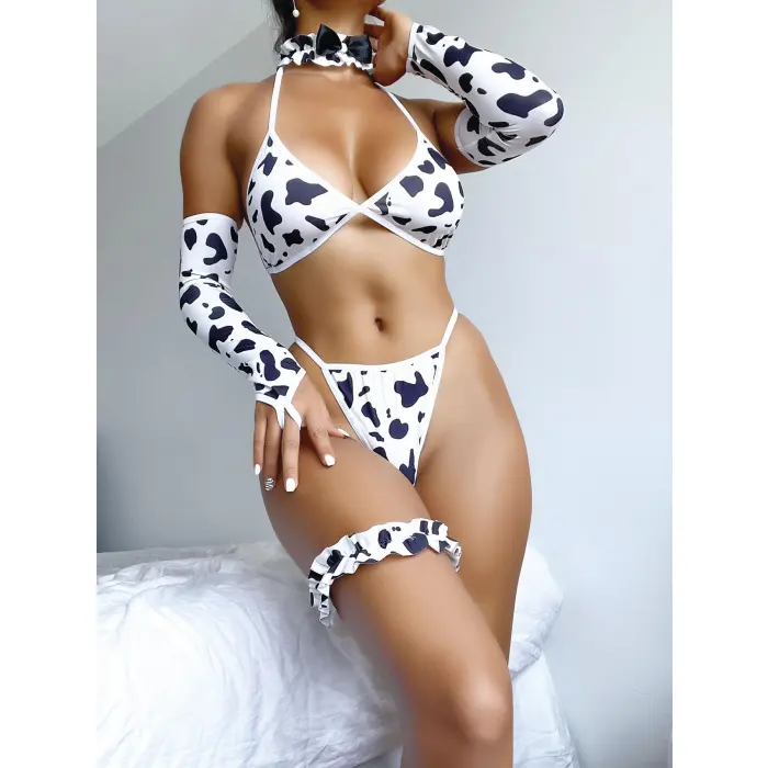 LYYN Beyaz Zebra Desenli Eldiven Ve Bacak Bantlı Şık Fantezi Sütyen Külot Takımı