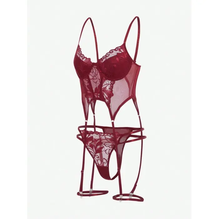 LYYN Bordo Babydoll İç Giyim Seti Bustiyer  ,külot , Bacak Bantları