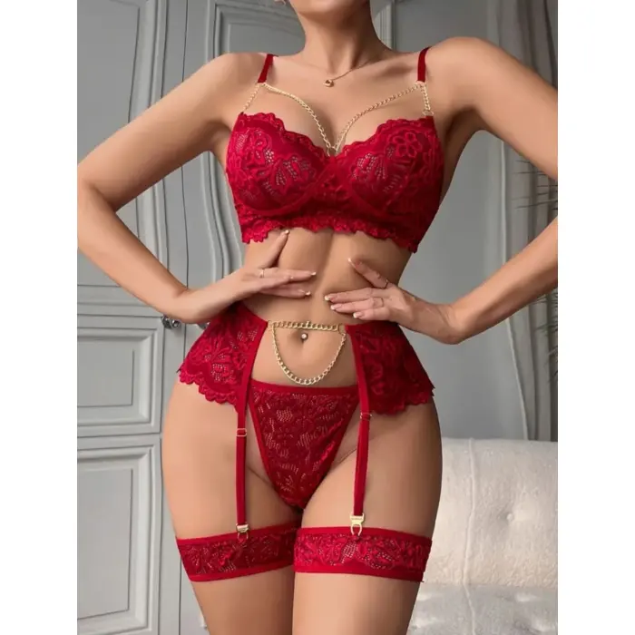 LYYN Bordo ,  Gold Zincirli Jartiyer Takımı