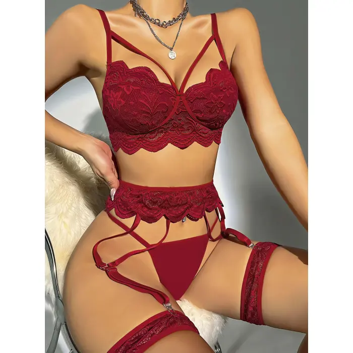 LYYN Bordo Jartiyer  Fantazi 5li Takım 2067