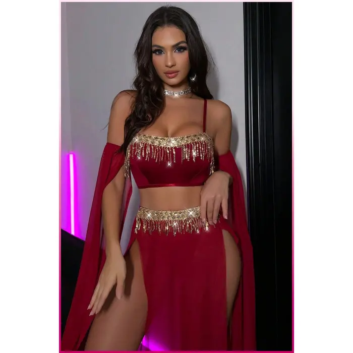 LYYN Bordo Pul Aksesuarlı Tül Etekli Kadın Seksi Gecelik