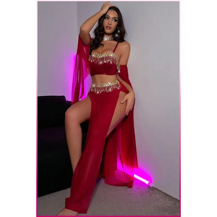 LYYN Bordo Pul Aksesuarlı Tül Etekli Kadın Seksi Gecelik