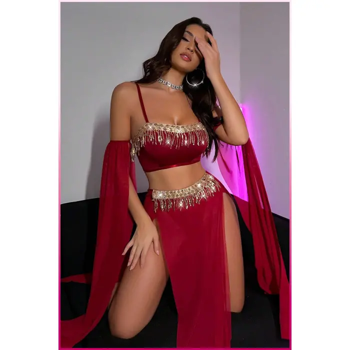 LYYN Bordo Pul Aksesuarlı Tül Etekli Kadın Seksi Gecelik