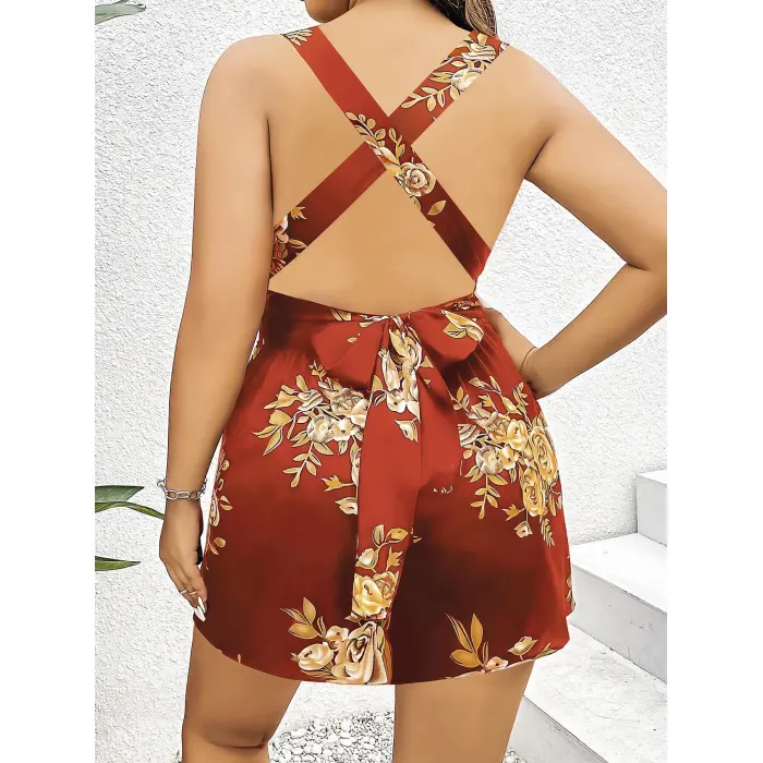 LYYN Büyük Beden Kahverengi Üstüne Çiçek Desenli Sırt Detaylı Elbise