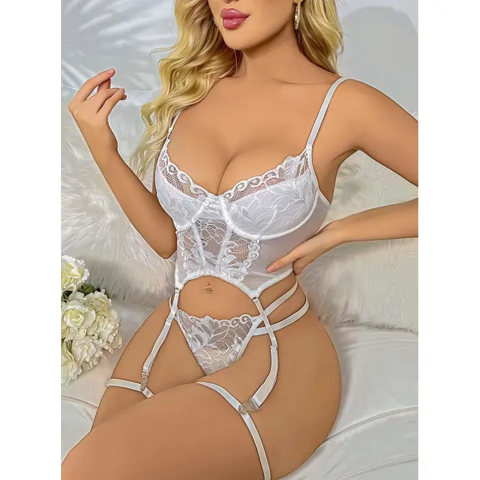 LYYN Dantel Transparan Dantel Badysuit 4lü Takım 7000