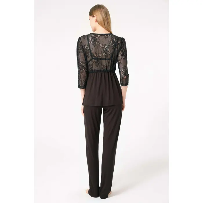 LYYN Dantelli Sabahlık Balensiz Desteksiz Dolgusuz Yaka Detaylı Sütyen Ve Pantolon Pijama 3lü Takım