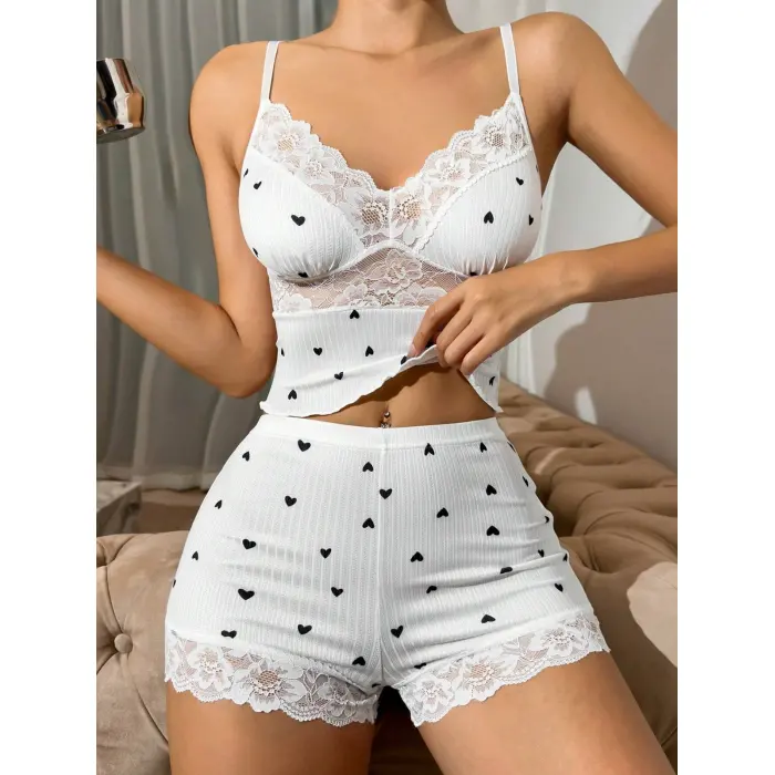 LYYN Dantelli Siyah Kalpli Şortlu Pijama Takımı