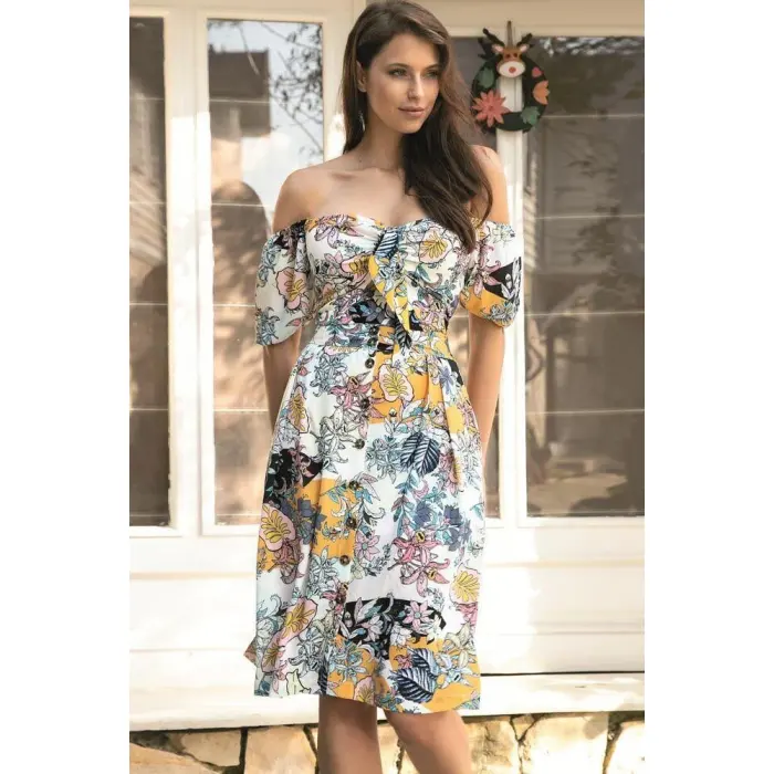 LYYN Dokuma Önden Bağlamalı Çiçek Baskılı Omuzu Düşük Büstiyer Ve Önden Düğmeli Etek Takım