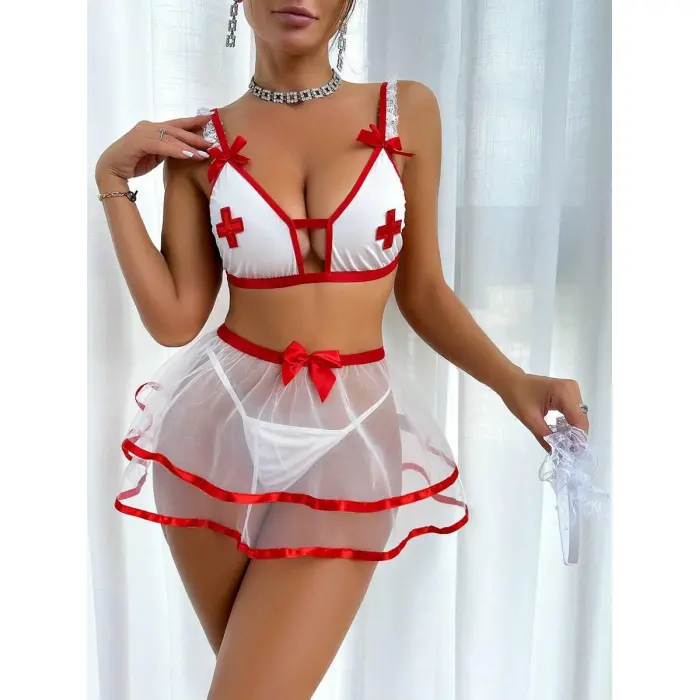 LYYN Fantezi Beyaz Tül Etekli Seksi Hemşire Kostümü
