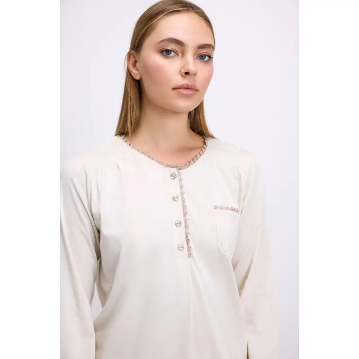 LYYN Fil Dişi Modal Pamuklu Uzun Kollu Düğmeli 2li Pijama Takımı