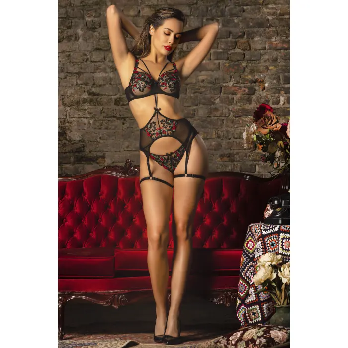 LYYN Golshan Grace Garter Lace Belt , Kadın Siyah Çiçekli Güpür Şık Jartiyer