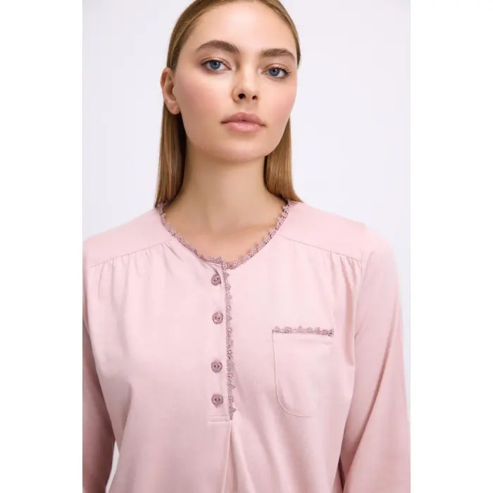 LYYN Gül Kurusu Modal Pamuklu Uzun Kollu Düğmeli 2li Pijama Takımı