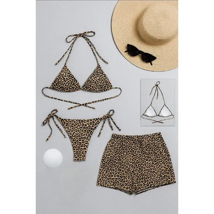 LYYN Kadın 3lü Set Leopar Desenli Şortlu ve Yandan Bağlamalı Bikini Mayo Takımı