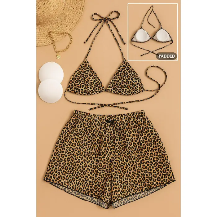 LYYN Kadın 3lü Set Leopar Desenli Şortlu ve Yandan Bağlamalı Bikini Mayo Takımı