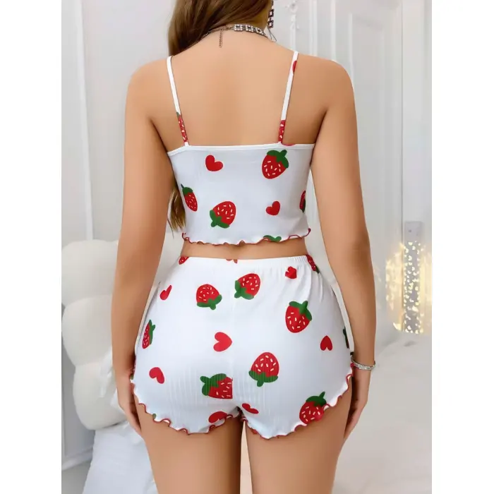 LYYN Kadın Beyaz Çilek Desenli Şortlu Pijama Takımı 5053