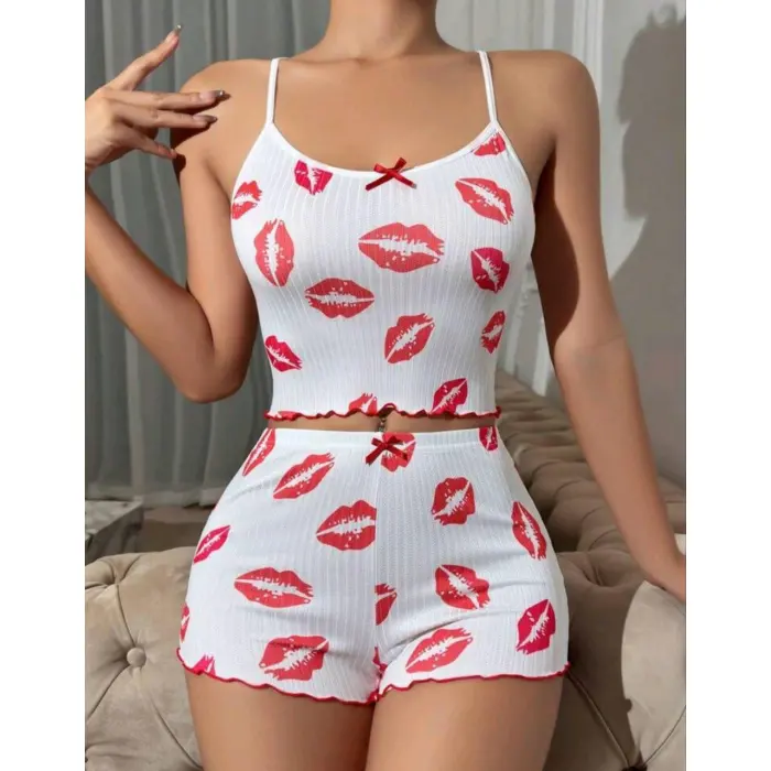 LYYN Kadın Beyaz Dudak Desenli Seksi Gecelik Takım 6642