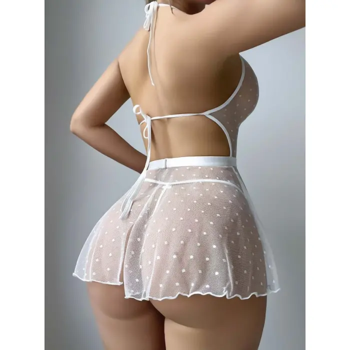 LYYN Kadın Beyaz  Fantazi Gecelik Tül Nokta Desenli 2207