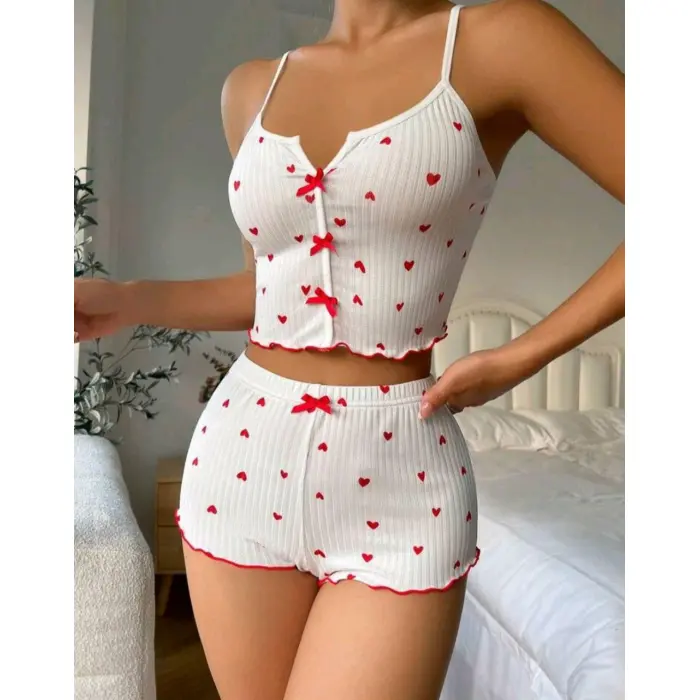 LYYN Kadın Beyaz Fiyonk Desenli Seksi Gecelik Takım 6640