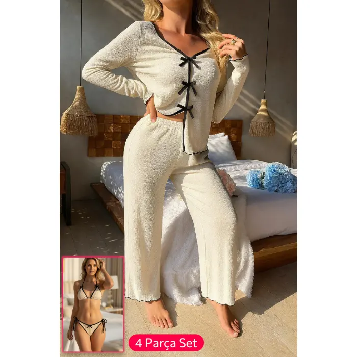 LYYN Kadın Beyaz Fiyonklu İç Çamaşırı ve Uzun Kollu V Yaka Pijama Takımı 4lü Set