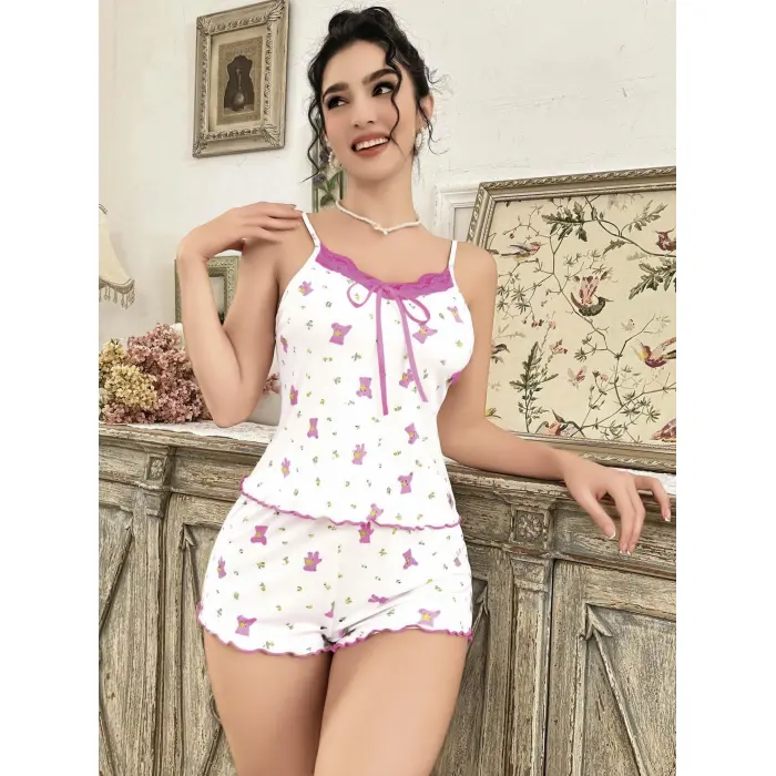 LYYN Kadın Beyaz Gül Ve Vişne Desenli Şortlu Gecelik Takım 5113