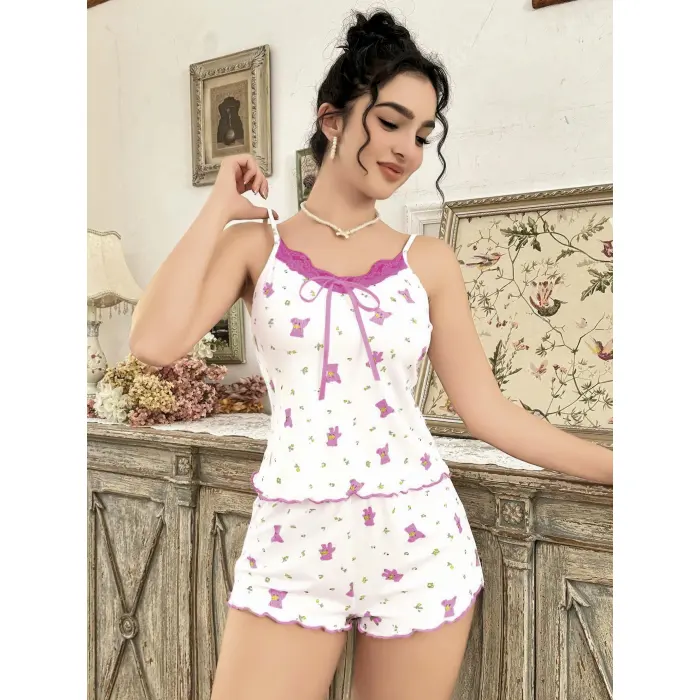 LYYN Kadın Beyaz Gül Ve Vişne Desenli Şortlu Gecelik Takım 5113
