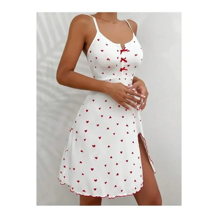 LYYN Kadın Beyaz Kırmızı Kalp Desenli Askılı  Elbise 5066