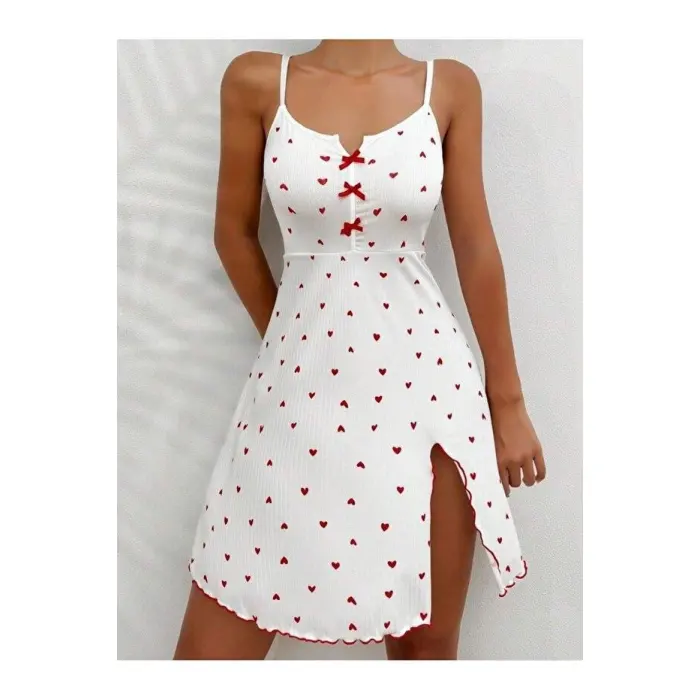 LYYN Kadın Beyaz Kırmızı Kalp Desenli Askılı  Elbise 5066