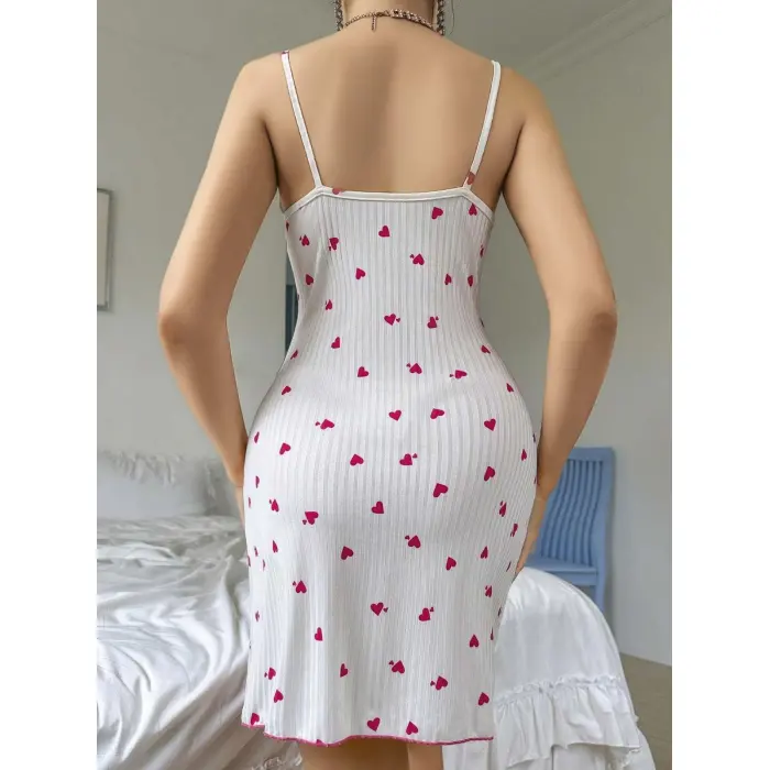 LYYN Kadın Beyaz Kırmızı Kalp Desenli Yandan Dantel Detaylı Askılı Elbise 5070