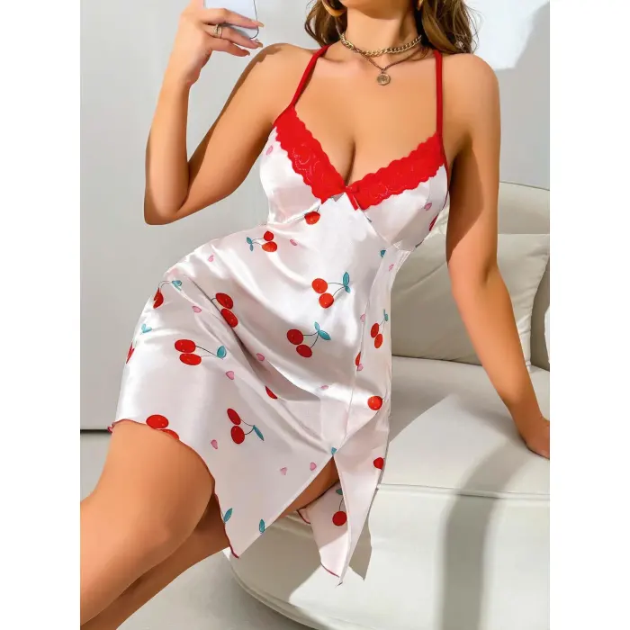 LYYN Kadın Beyaz Kırmızı Kiraz Desenli Saten Gecelik 2230