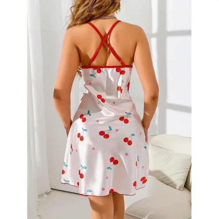 LYYN Kadın Beyaz Kırmızı Kiraz Desenli Saten Gecelik 2230