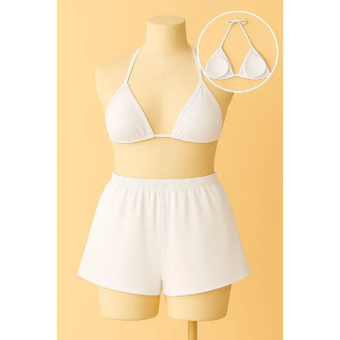 LYYN Kadın Beyaz Şortlu Belden ve Boyundan Bağlamalı Bikini Takımı