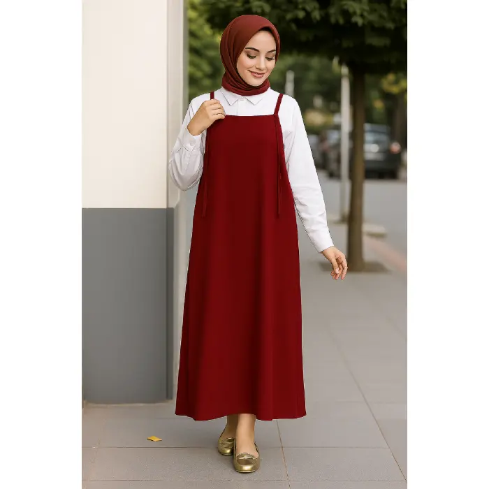 LYYN Kadın Bordo Basic Ayarlanabilir Askılı Jile Elbise