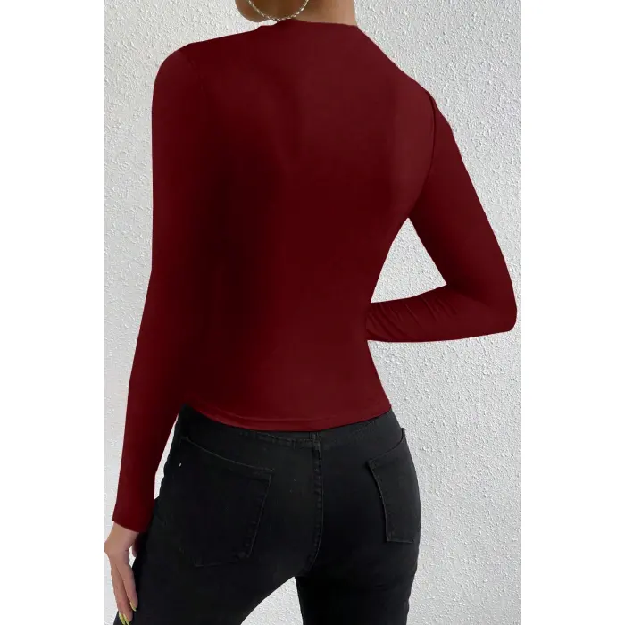 LYYN Kadın Bordo Belden ve Boyundan Büzgü Detaylı Uzun Kollu Bluz