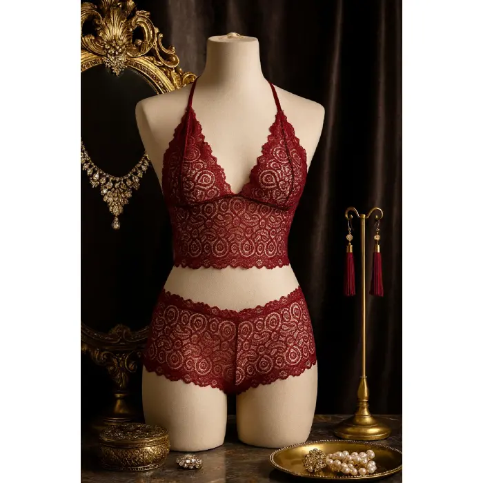 LYYN Kadın Bordo Dantel Bralet Şort Takımı – Asil ve Sofistike İç Giyim