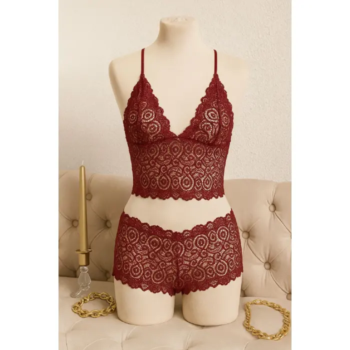 LYYN Kadın Bordo Dantel Bralet Şort Takımı – Asil ve Sofistike İç Giyim