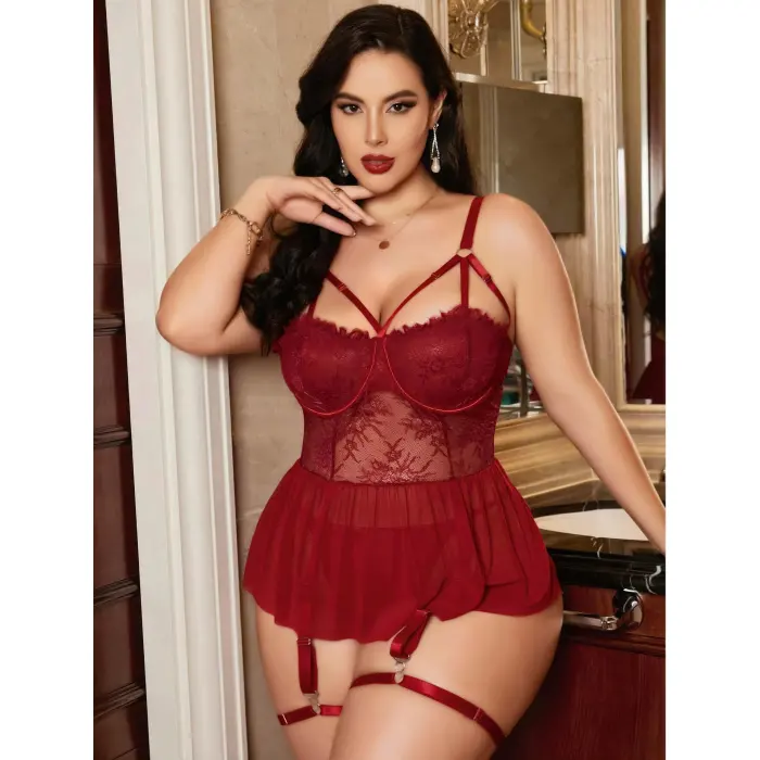 LYYN Kadın Bordo Dantelli Transparan Büyük Beden Fantezi Gecelik Takımı 8002