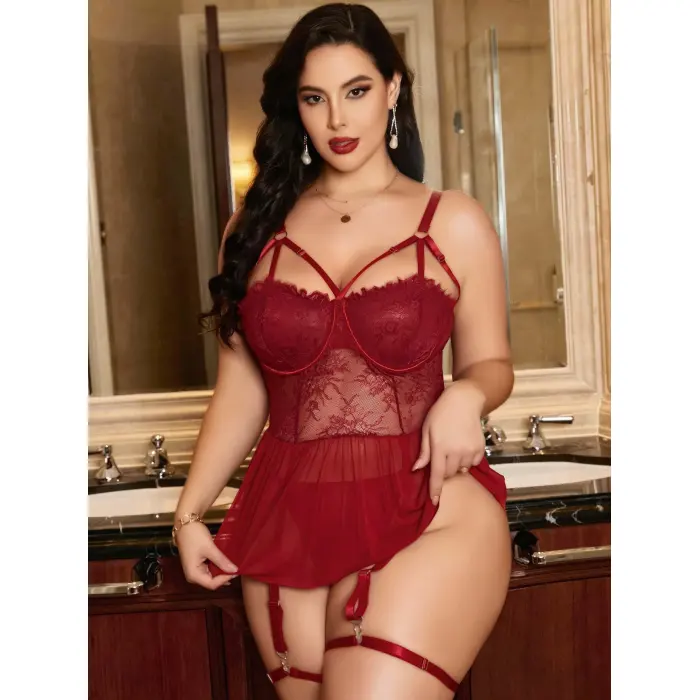 LYYN Kadın Bordo Dantelli Transparan Büyük Beden Fantezi Gecelik Takımı 8002