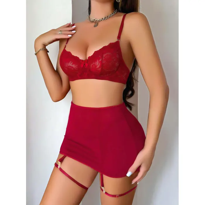 LYYN Kadın Bordo Etek Fantazi Jartiyer Sexy Gecelik Takım 3833