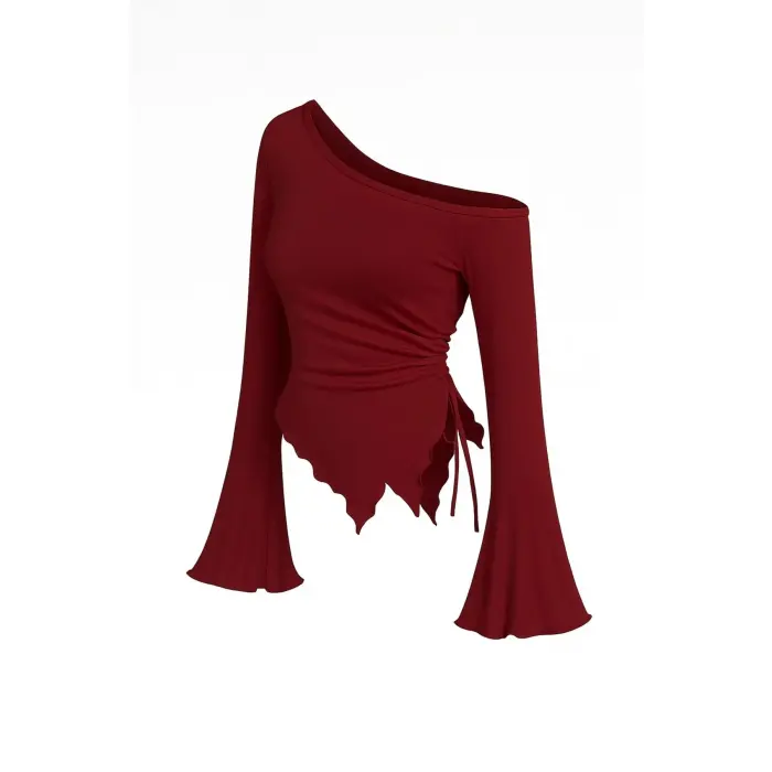 LYYN Kadın Bordo Uzun İspanyol Kollu Asimetirik Yaka Yandan Bağlamalı Drapeli Bluz