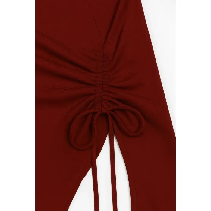 LYYN Kadın Bordo Uzun İspanyol Kollu Asimetirik Yaka Yandan Bağlamalı Drapeli Bluz