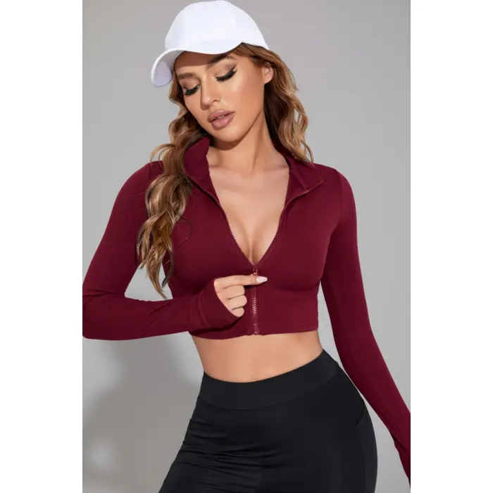 LYYN Kadın Bordo Uzun Kol Fermuarlı Parmak Geçme Detaylı Dik Yaka Crop Top Bluz