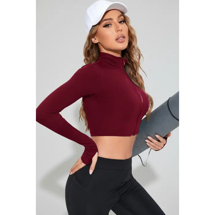 LYYN Kadın Bordo Uzun Kol Fermuarlı Parmak Geçme Detaylı Dik Yaka Crop Top Bluz