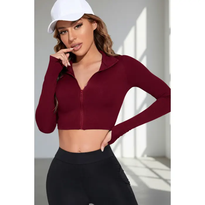 LYYN Kadın Bordo Uzun Kol Fermuarlı Parmak Geçme Detaylı Dik Yaka Crop Top Bluz