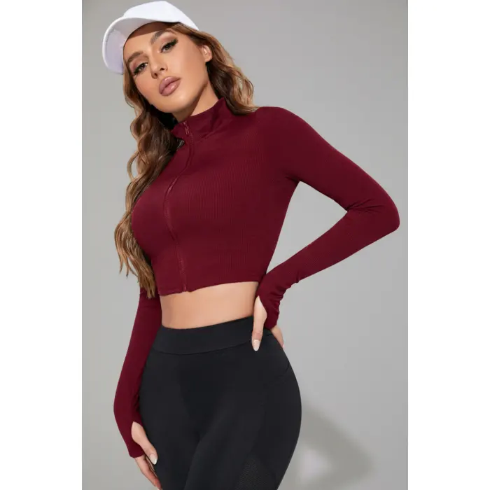 LYYN Kadın Bordo Uzun Kol Fermuarlı Parmak Geçme Detaylı Dik Yaka Crop Top Bluz