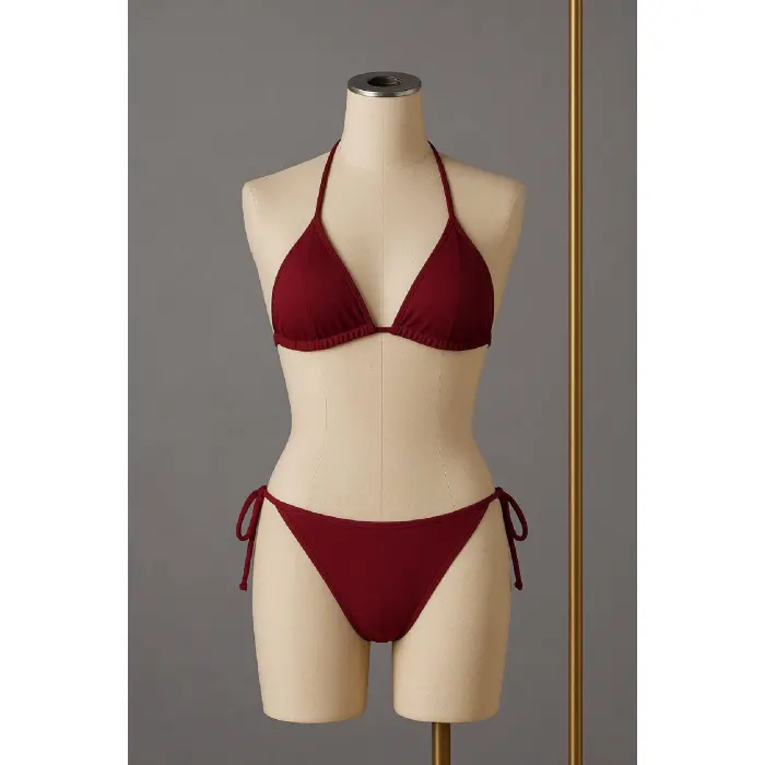 LYYN Kadın Bordo Yandan ve Boyundan Bağlamalı Bikini Mayo Takımı