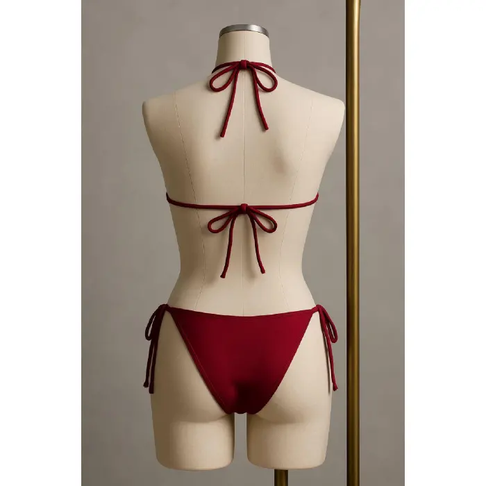 LYYN Kadın Bordo Yandan ve Boyundan Bağlamalı Bikini Mayo Takımı